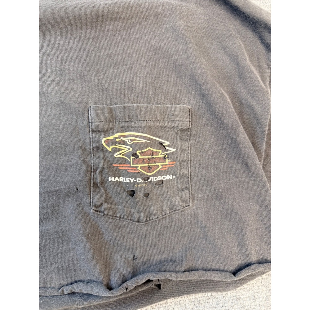 Vintage Harley Davidson XXL Black Cotton Cropped Distressed Graphic Tee USA Made - Picture 8 of 9